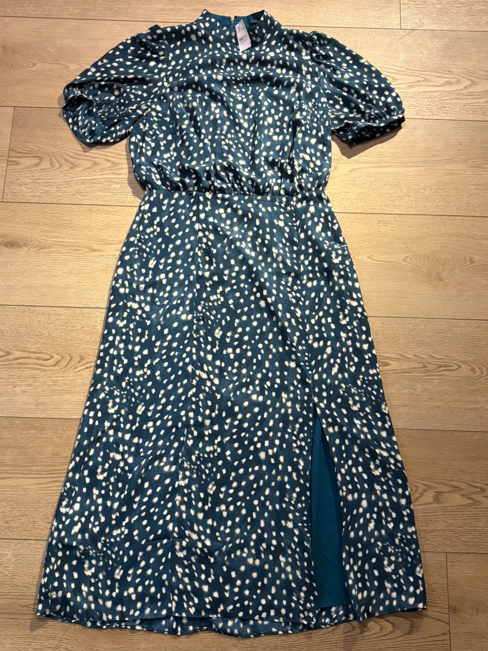 NWT Ann Taylor Blue Speckled Print Puff Sleeve Midi Dress Size 8 Tall Elegant